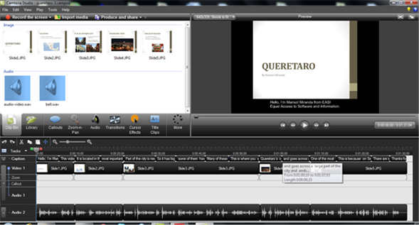 Camtasia's editor showing the porject with audio, video and captions
